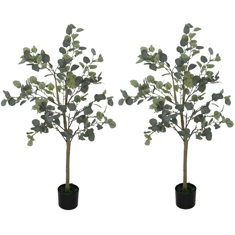 HOMCOM Set of 2 Decorative Artificial Tree, 4ft/ 120cm Silk Eucalyptus Trees with 230 Silver Dollar Leaves in Pot, Fake Plants for Home, Office, Living Room, Indoor Decor