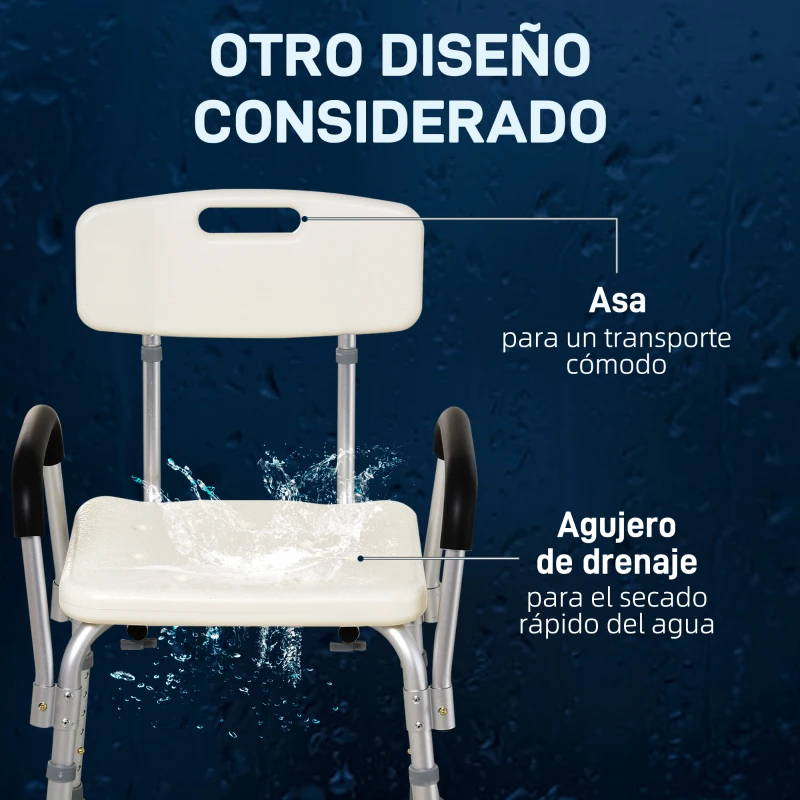HOMCOM Silla de Ducha para Personas Mayores con Respaldo Altura Regulable Antideslizante y Apoyabrazos Carga 136 kg