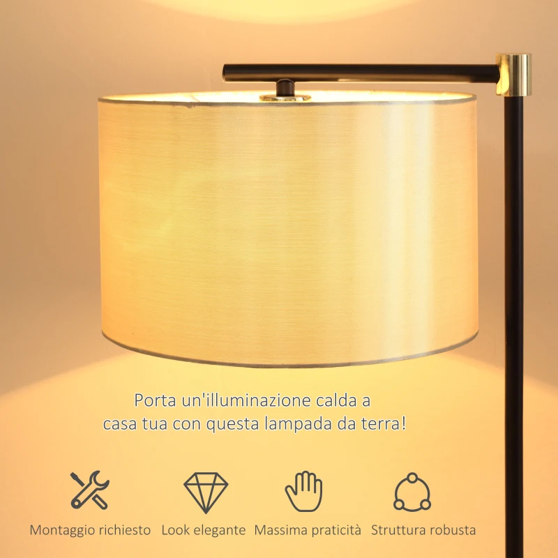 HOMCOM Lampada da Terra con Paralume in Tessuto e Base in Legno, Attacco E27, 48x32x152cm