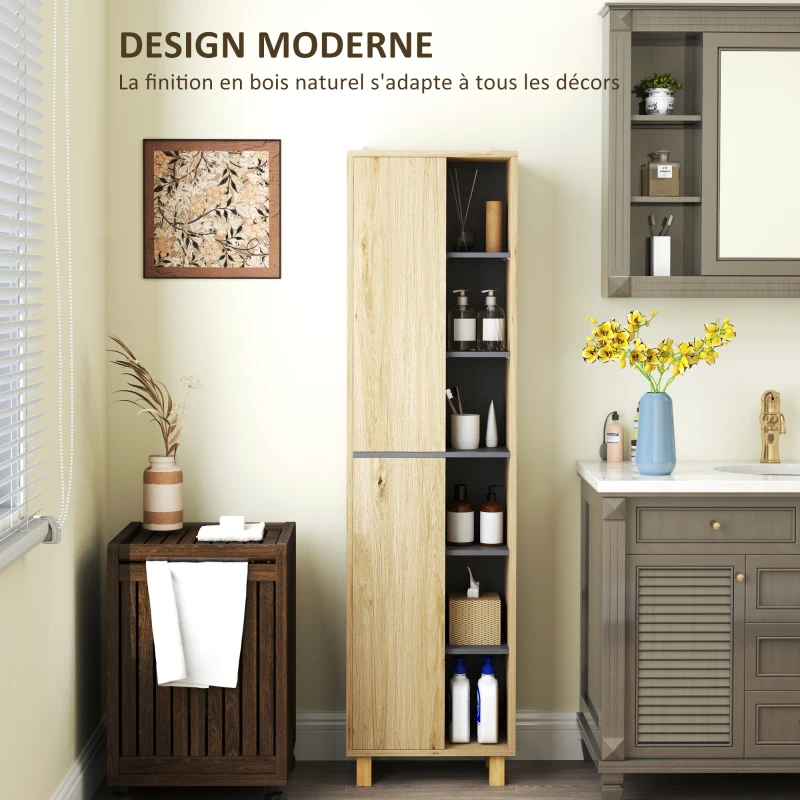 HOMCOM Meuble colonne salle de bain, armoire de salle de bain avec 6 compartiments ouverts et 2 placards, bois naturel(m-5)