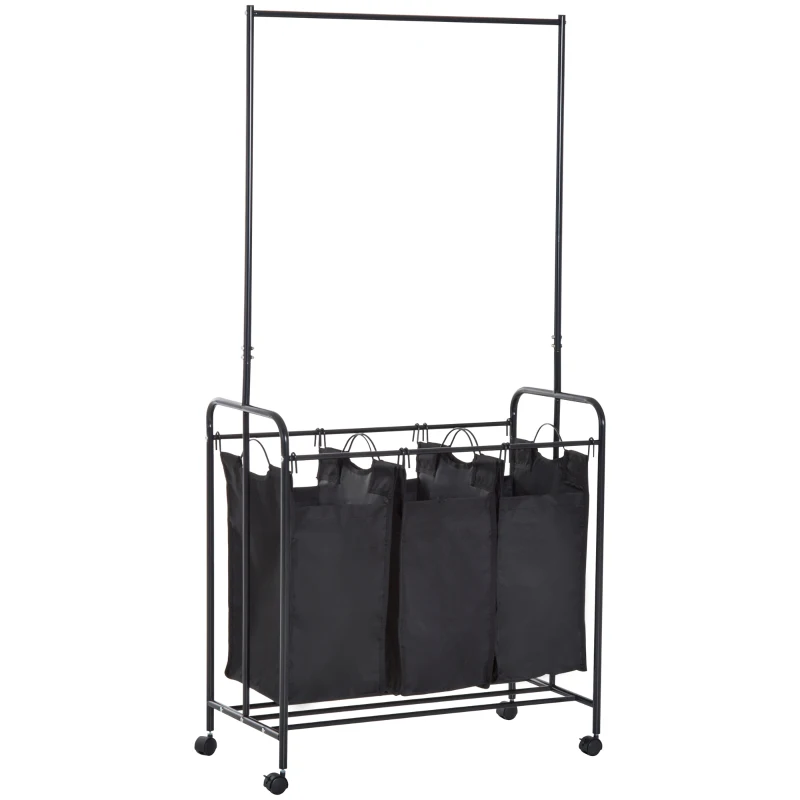 HOMCOM Chariot à linge barre de penderie 2 en 1 dim. 84L x 41l x 172H cm 3 paniers acier noir