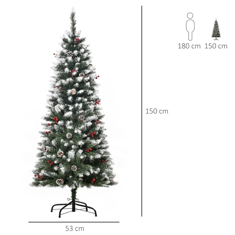 HOMCOM Albero di Natale Innevato Artificiale 150cm con Bacche Rosse e Pigne Bianche, Base Rimovibile Pieghevole, 408 Rami