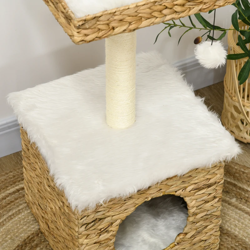 PawHut Arbre à chat 2 niveaux avec 1 niche 1 poteau sisal 1 plateforme d'observation et 1 pompon suspendu jacinthe d'eau