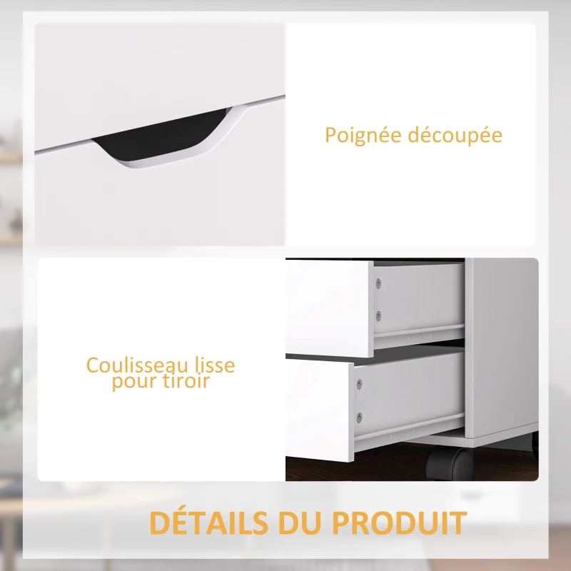 HOMCOM Meuble de rangement pour bureau 5 tiroirs 1 porte étagère réglable, support imprimante roulettes, 78x40x66,5 cm, blanc