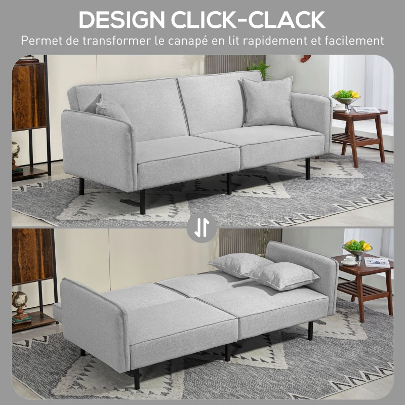 HOMCOM Canapé convertible 3 places, canapé-lit clic-clac, avec 2 coussins 195l x 89P x 87H cm gris clair
