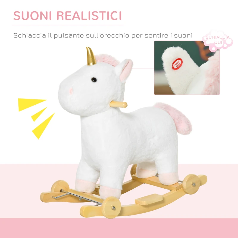 HOMCOM Cavallo a Dondolo per Bambini a Unicorno con Base Curva e Ruote, Cavallo a Dondolo 2 in 1 con Suoni Integrati e Rivestimento Peluche, per Bambini 3-6 Anni, 63x38x63cm, Bianco