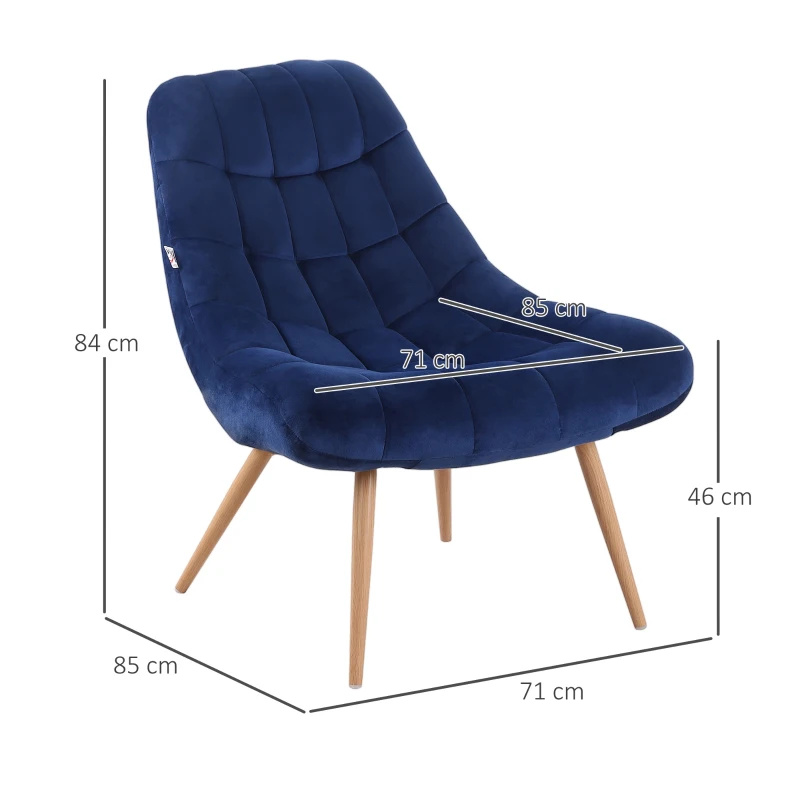 HOMCOM Poltrona Moderna e Imbottita, Poltroncina da Camera con Seduta Extra Large in Tessuto Blu, 71x85x84cm