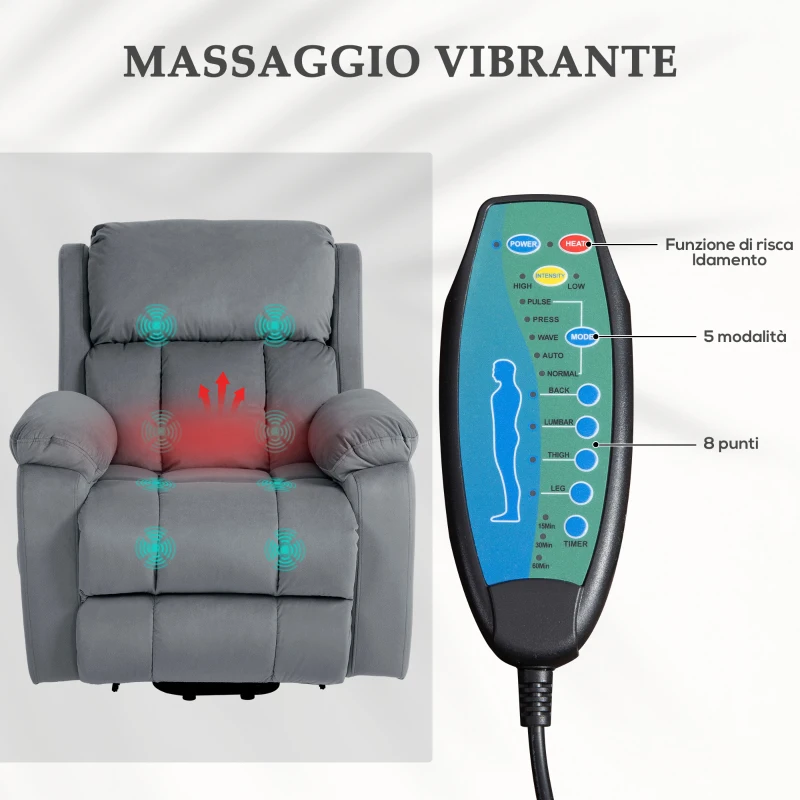 HOMCOM Poltrona Alzapersona a 8 Punti Massaggianti e Tasca Portaoggetti, in Finta Pelle e Acciaio, 90x95x103 cm, Grigia