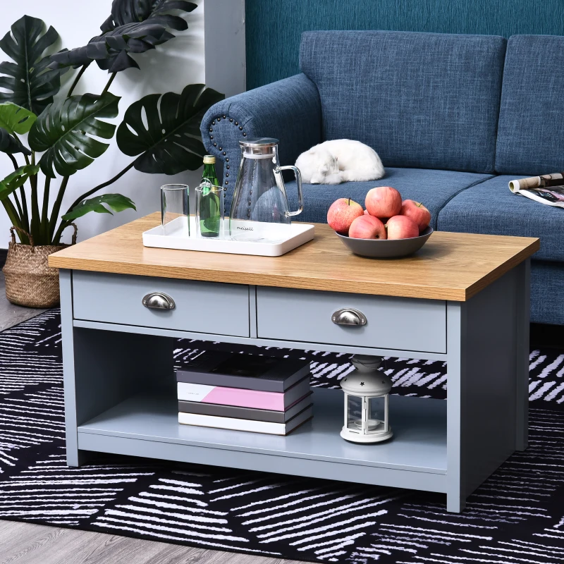 HOMCOM Coffee Table w/ 2 Drawers Open Display Wood Effect Tabletop Living Room Storage Retro Style Chic Polished Handles