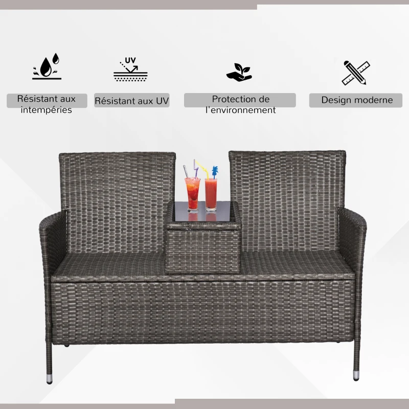 Outsunny Banc de jardin design contemporain 133L x 63l x 84H cm banc double chaise avec coussins assise + tablette intégrée résine tressée grise polyester crème