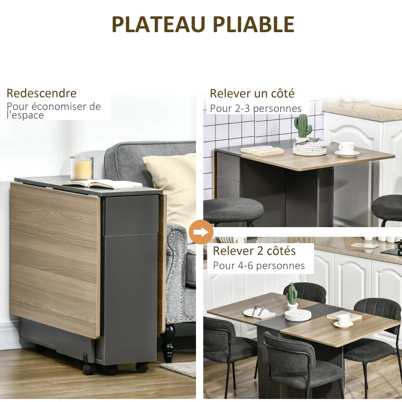 HOMCOM Table de salle à manger pliante sur roulettes avec rangement 2 tiroirs et 1 placard 76 x 140 x 74 cm