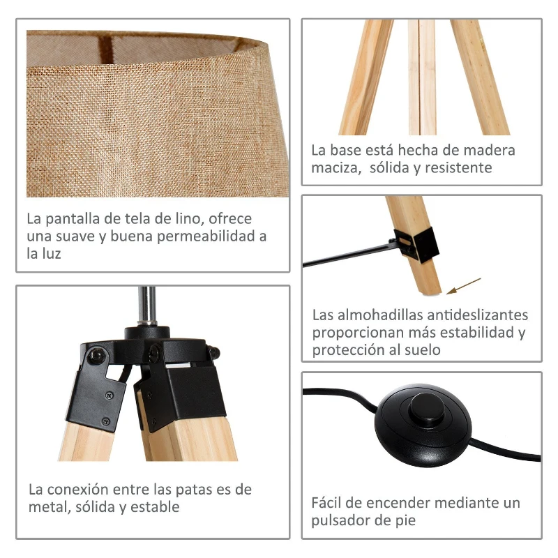 HOMCOM Lámpara de Pie Moderna con Trípode Altura Ajustable 65x65x99-143cm 40W E27 de Madera y Pantalla de Tela Lino