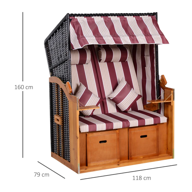 Outsunny Corbeille de plage 2 places - Cabine chaise de plage inclinable - abri plage strandkorb - coussins, repose-pieds, tablettes, pare-soleil - bois résine tressée polyester beige bordeaux