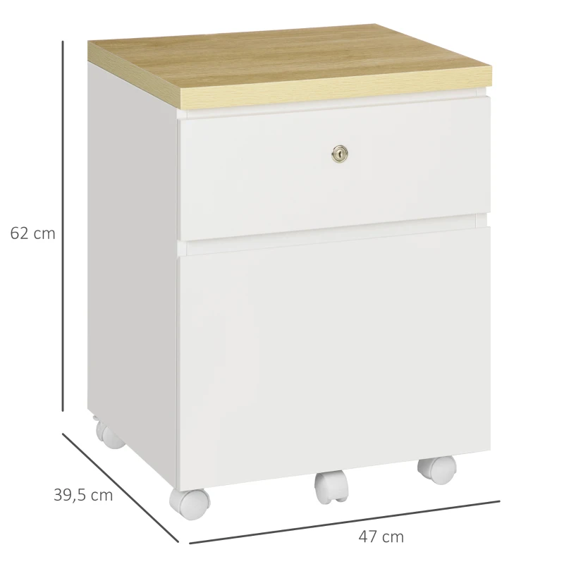 Vinsetto Caisson de bureau sur roulettes 2 tiroirs coulissants verrouillables trieur à dossiers 47 x 39,5 x 62 cm blanc