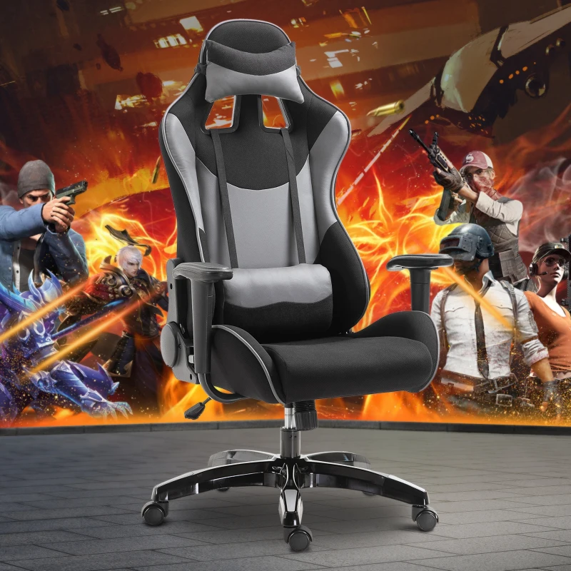 HOMCOM Fauteuil gaming style baquet racing pivotant inclinable avec coussins revêtement synthétique polyester gris noir