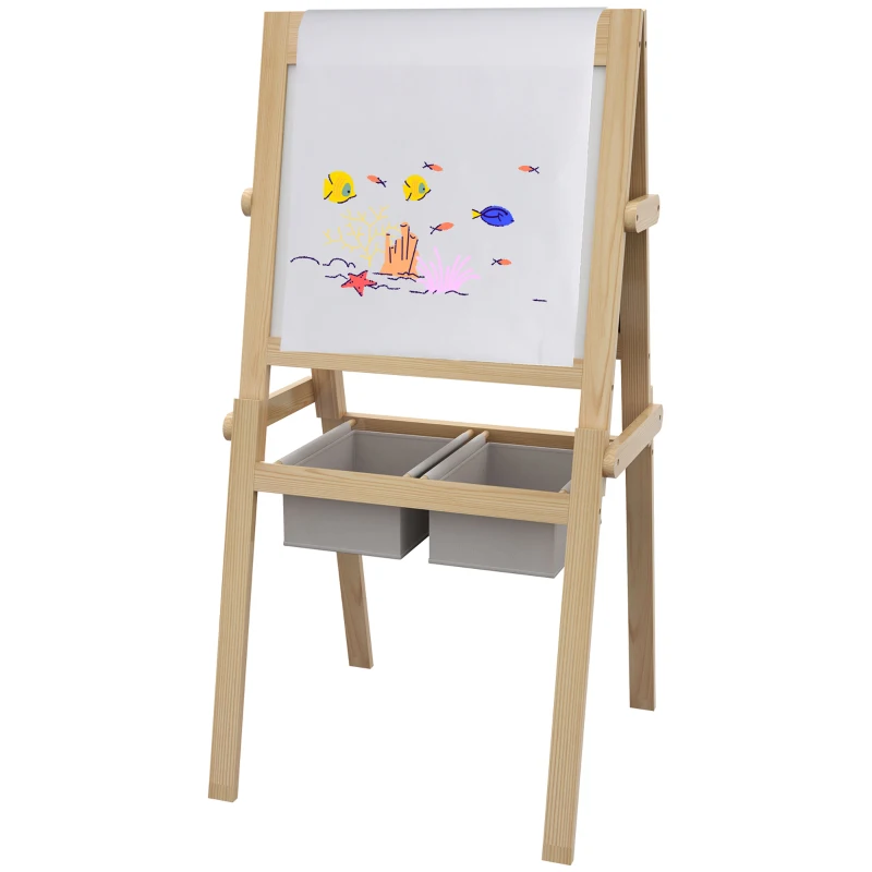 AIYAPLAY Tableau chevalet enfant ardoise double face tableau blanc tableau à craie rouleau papier 58 x 50,5 x 109 cm naturel