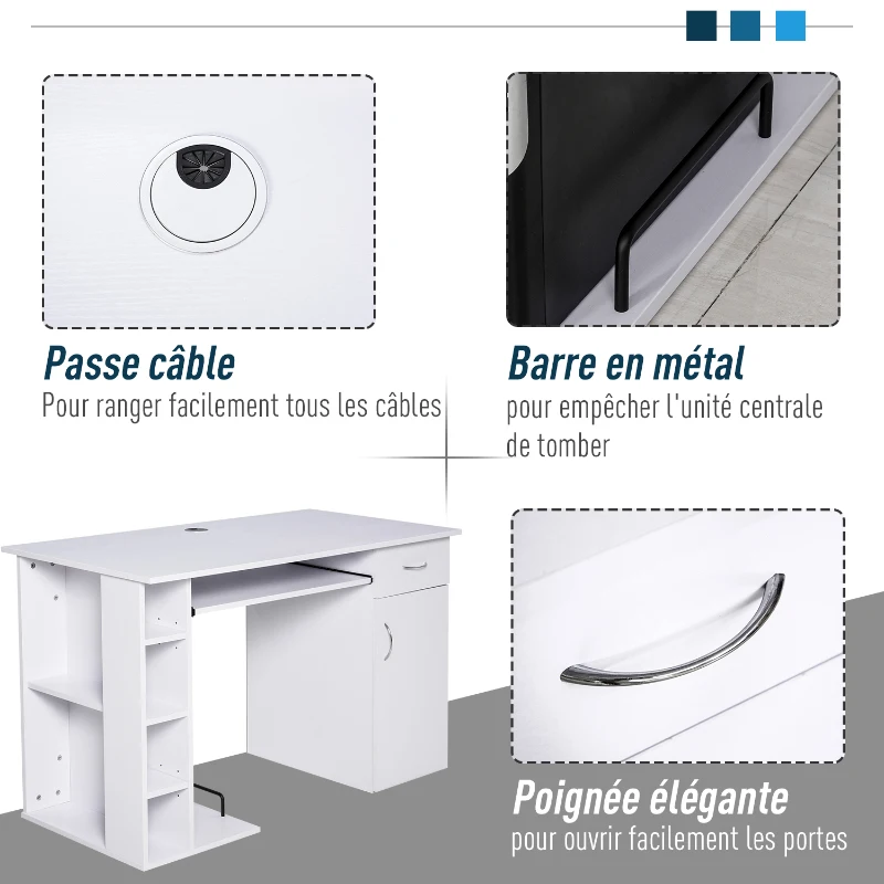 HOMCOM Bureau informatique table d'ordinateur multimédia multi-rangements avec étagère tiroir tablette clavier MDF 120 x 60 x 74 cm blanc(m-6)