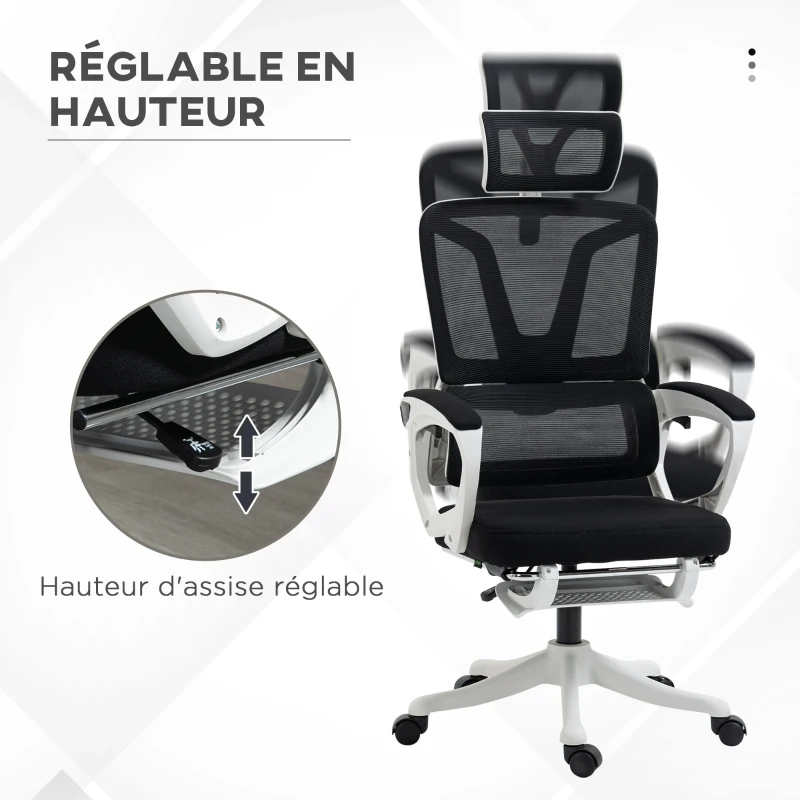Vinsetto Fauteuil de bureau dossier réglable repose-pied appui-tête réglable soutien lombaire tissu en maille noir