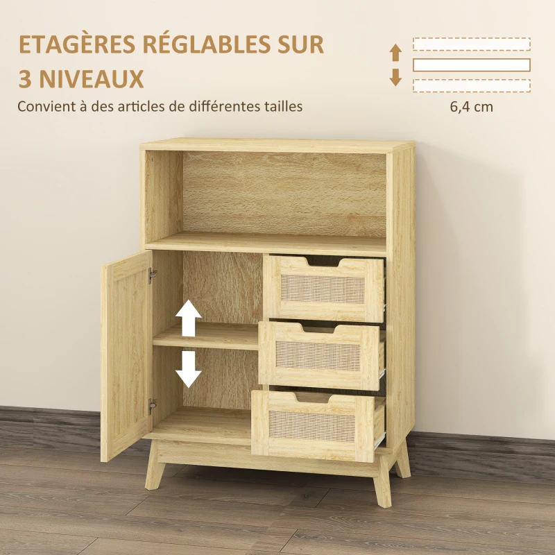 HOMCOM Buffet meuble de rangement avec 3 tiroir placard étagère réglable pour salon cuisine 60 x 30 x 81 cm bois naturel