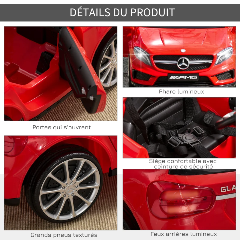 HOMCOM Voiture électrique Mercedes Benz GLA pour enfant de 3 ans et plus avec télécommande, MP3 USB, lumières et sons, ouverture de portes, charge maxi 30 kg, dimensions 100 x 58 x 46 cm rouge