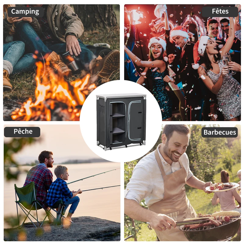 Outsunny Cuisine de camping - meuble camping - armoire de camping - plan de travail, nombreux rangements, sac transport inclus - armature alu. Oxford gris