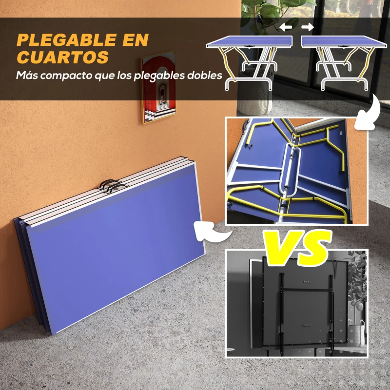 SPORTNOW Mesa de Ping Pong Plegable Mesa de Tenis de Mesa Diseño Compacto con Red y Reposapiés Ajustables 274x152,5x76 cm Azul
