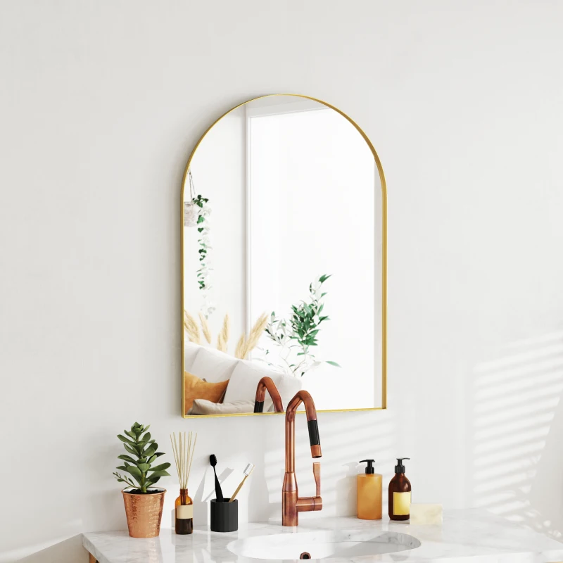 HOMCOM Miroir mural arqué miroir de salle de bain avec cadre en alliage d'aluminium pour chambre salon entrée 60 × 90 cm or