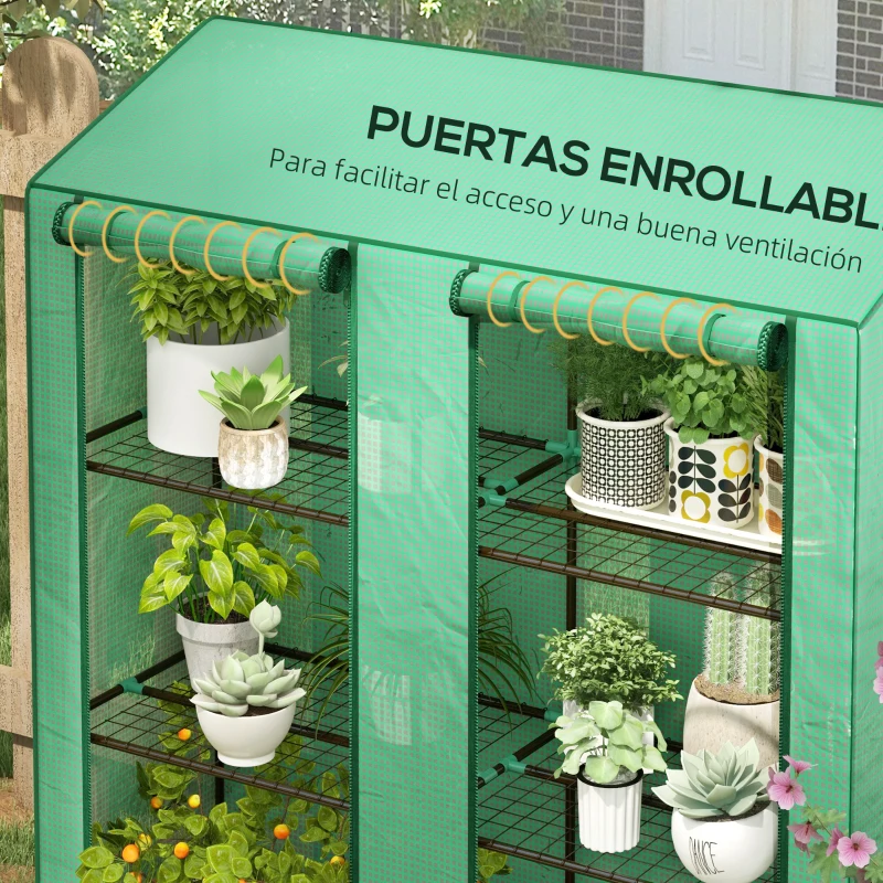 Outsunny Invernadero de Jardín de 3 Niveles con Estantes Techo Inclinado y Puertas con Cremallera 143x46x141/151 cm Verde