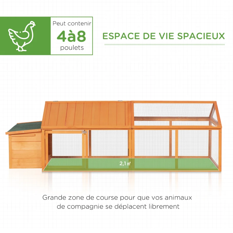 PawHut Poulailler pour poules cage à poule avec nichoir porte et toit ouvrable pour 4 et 8 poules 240 x 112,5 x 76 cm orange