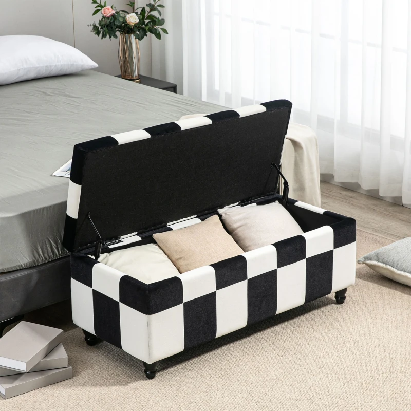 HOMCOM Storage Ottoman, Storage Bench with Wood Legs, Footstool, Footrest with Velvet Surface for Bedroom, Hallway, Living Room, 114 x 47 x 47 cm, White and Black