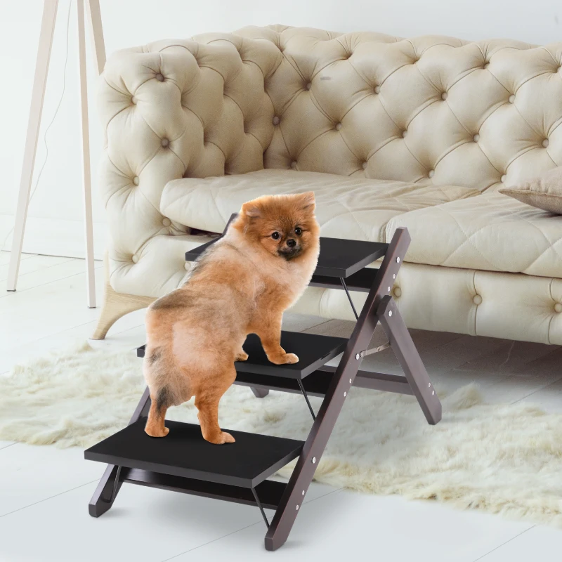PawHut Escalier pour chien animaux pliable rampe 3 marches dim. 79L x 42l x 48H cm bois pin revêtement marches velours chocolat
