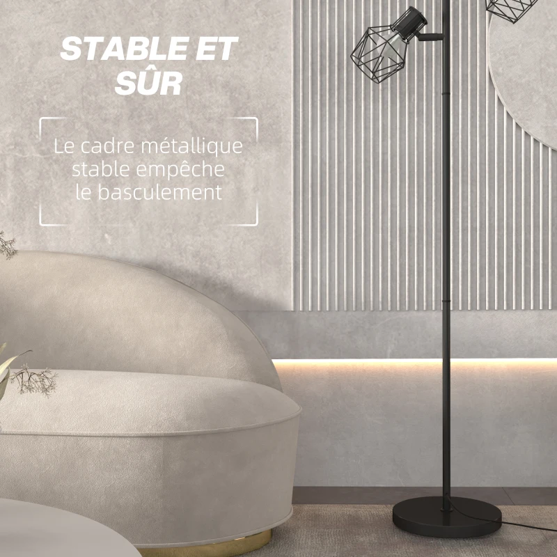 HOMCOM Lampadaire sur pied salon lampe sur pied 3 lumières adaptée aux ampoules E27 (non incluses) 41 x 28 x 169 cm noir