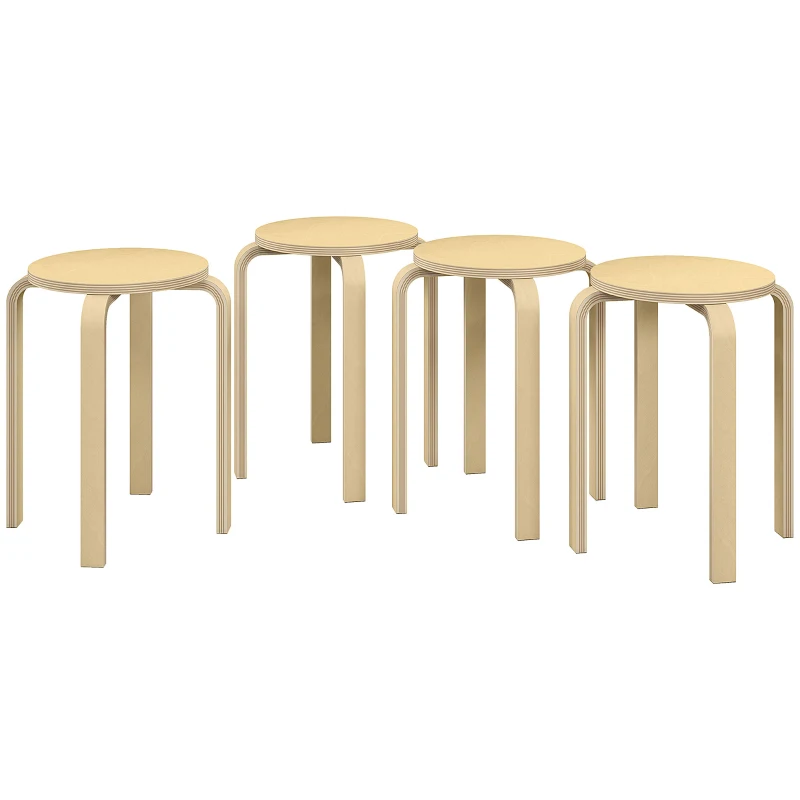 HOMCOM Stackable Stools Set of 4, Modern Stacking Chairs, Round Backless Stools for Kitchen, Dining Room, Office, Outdoors, Nature Wood Finish