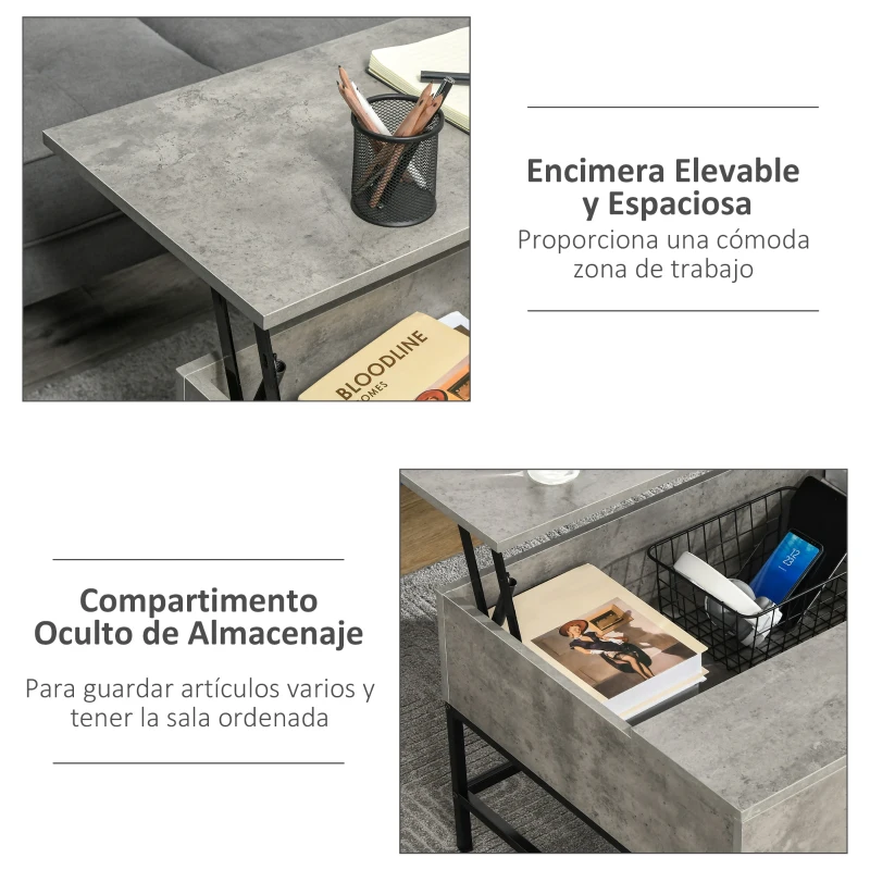 HOMCOM Mesa de Centro Elevable con Espacio de Almacenaje Oculto para Salón Comedor 90x60,5x45,5 cm Gris Cemento