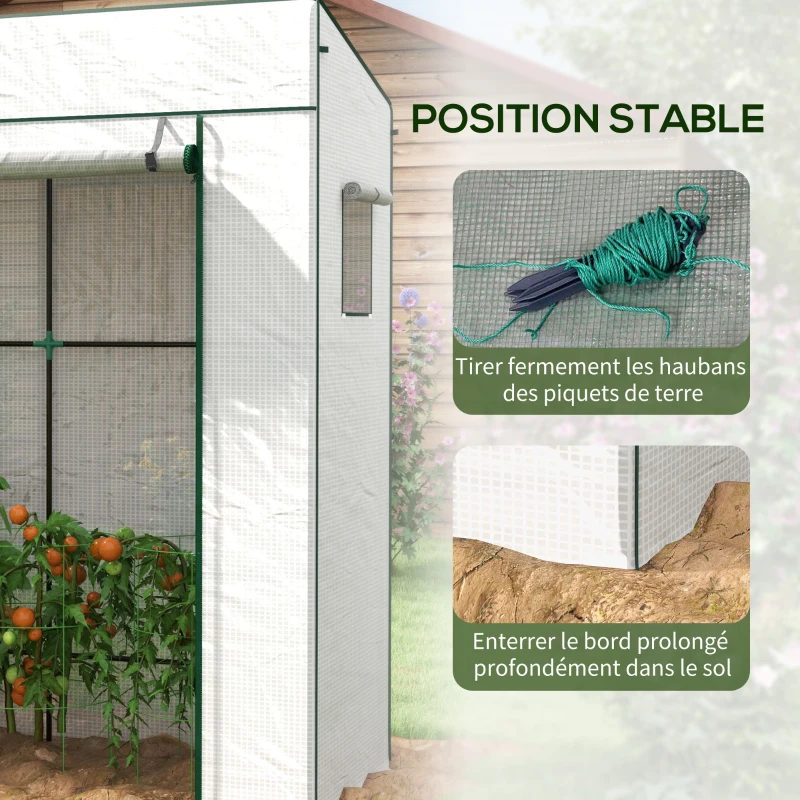 Outsunny Serre de jardin murale adossée avec 1 porte enroulable, bâche PE renforcée, 2 fenêtres, dim. 196L x 77l x 197/178H cm