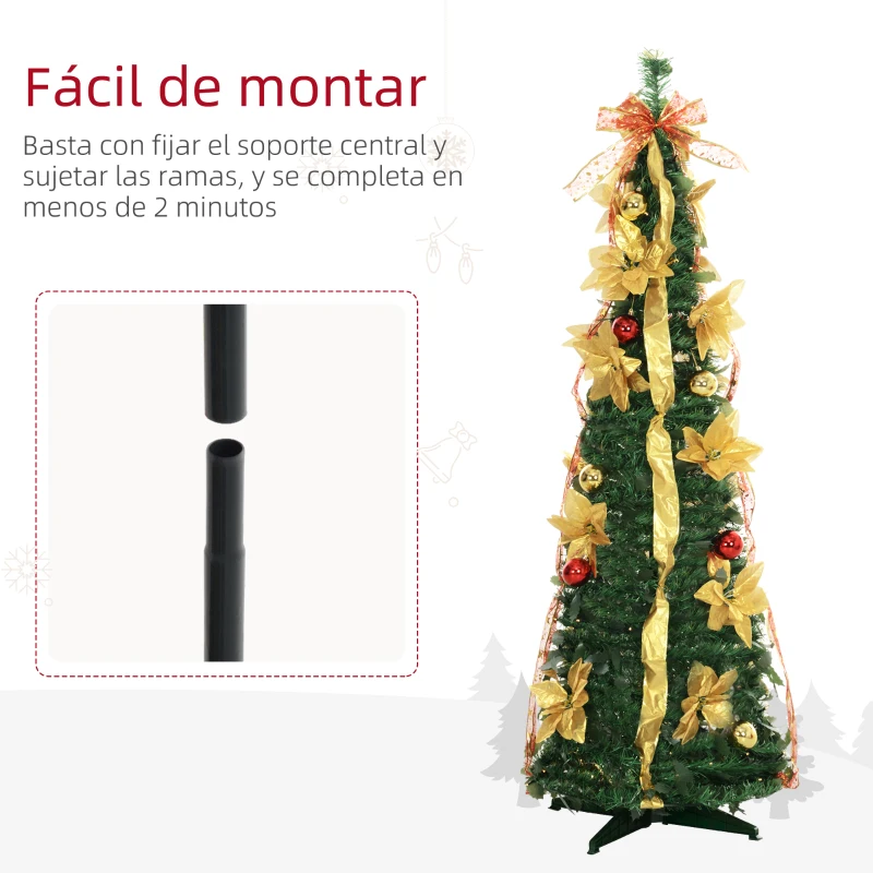 HOMCOM Árbol de Navidad Plegable con Luces LED en Blanco Cálido y Adornos Pre-instalados para Interior Ø60x180 cm Verde
