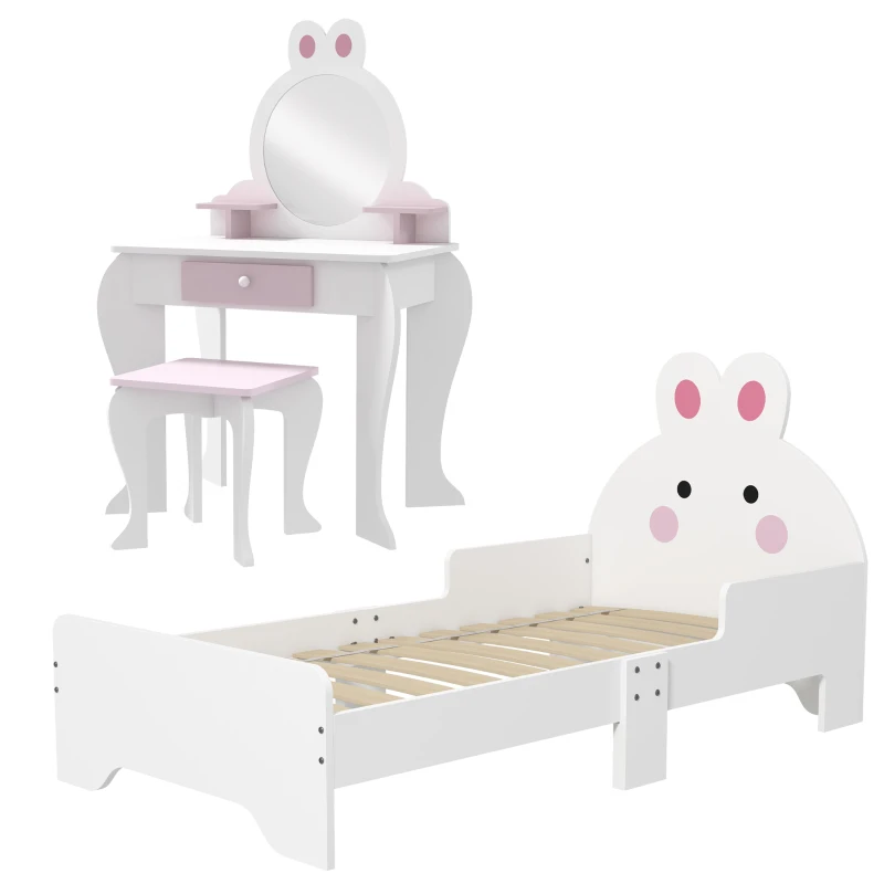 ZONEKIZ Wooden Kids Bedroom Furniture Set with Kids Dressing Table, Stool, Bed, for 3-6 Years, Bunny-Design