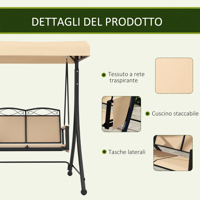 Outsunny Dondolo da Giardino 2 Posti con Tetto Parasole Regolabile e Tasche Laterali, Beige