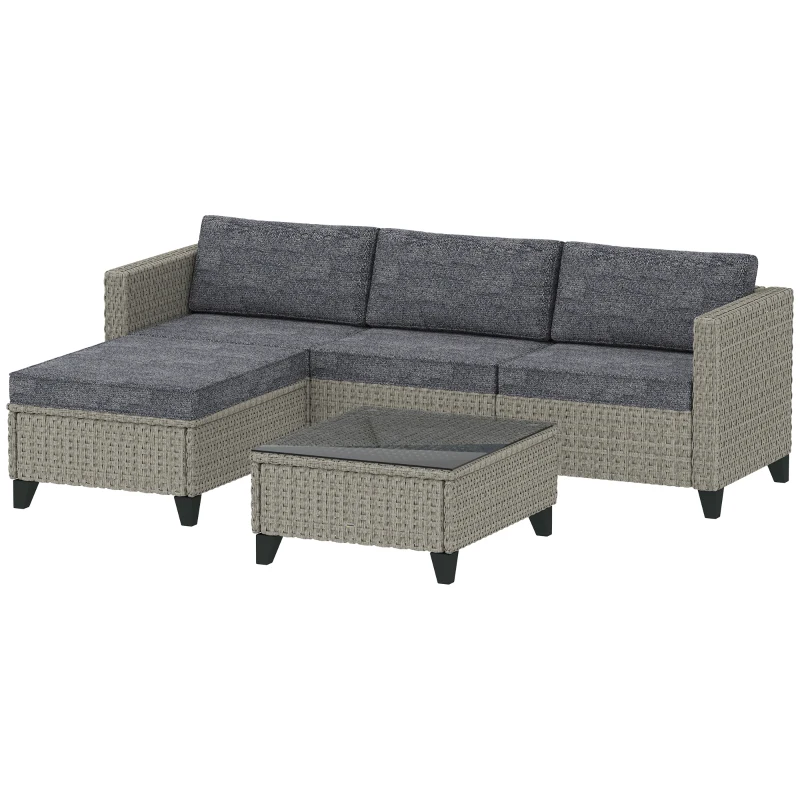 Outsunny 5-Piece Rattan Patio Furniture Set with Corner Sofa, Footstools, Coffee Table, for Poolside, Dark Grey