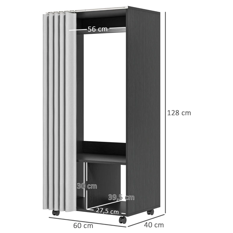 HOMCOM Armoire penderie Armoire de Rangement Mobile avec rideau, Panneaux de Particules, tringle de suspension, noir(m-3)