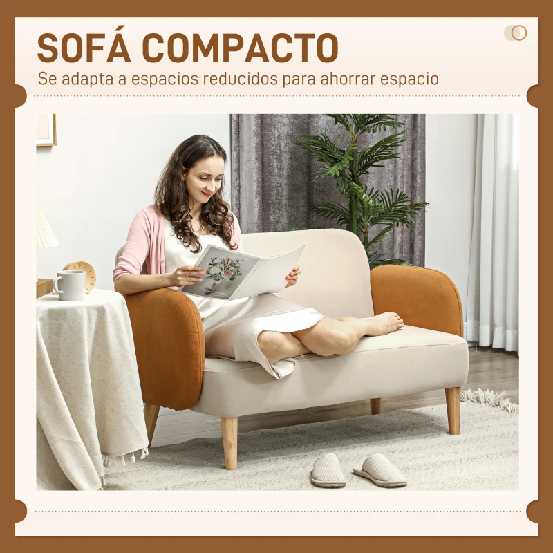 HOMCOM Sofá de 2 Plazas Tapizado en Terciopelo con Reposabrazos y Patas de Madera Sofá Pequeño Carga 240 kg 130x74x76 cm Crema