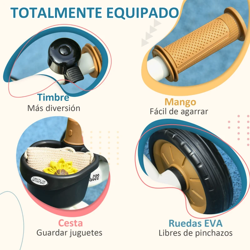 AIYAPLAY Triciclo para Niños de 2 a 5 Años Bicicleta Infantil con Asiento Ajustable Cesta Timbre y Pedales 70,5x53x58 cm Crema