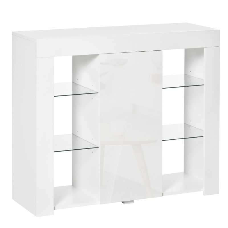 HOMCOM Credenza Moderna a Anta con Luci LED e Mensole in Vetro, Mobile Multiuso in Legno con Finitura Lucida, 97x35x83cm, Bianco
