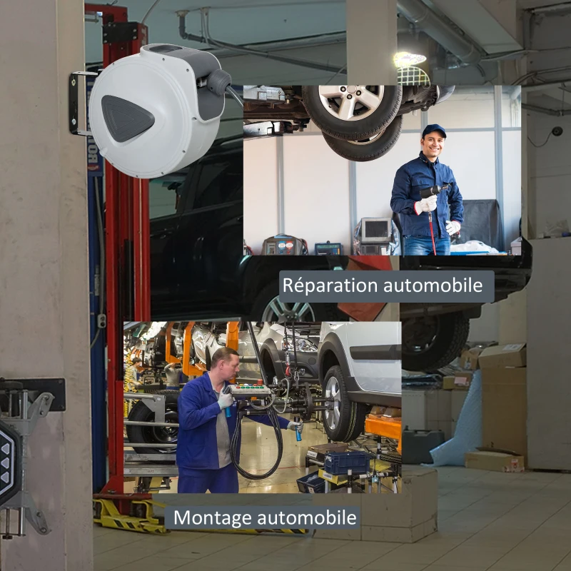 HOMCOM Enrouleur de tuyau à air comprimé - tuyau : 10 m + 0,9 m - Ø intérieur 3/8" (9,5 mm), 1/4" (6,35 mm) BSPT - dévidoir automatique pour tuyau d'air rétractable gris