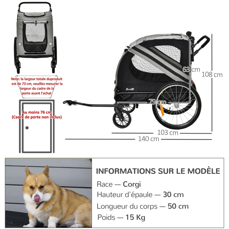 PawHut Remorque à vélo pour chien convertible jogger 2 en 1 pour animaux avec drapeau réflecteurs - gris et noir