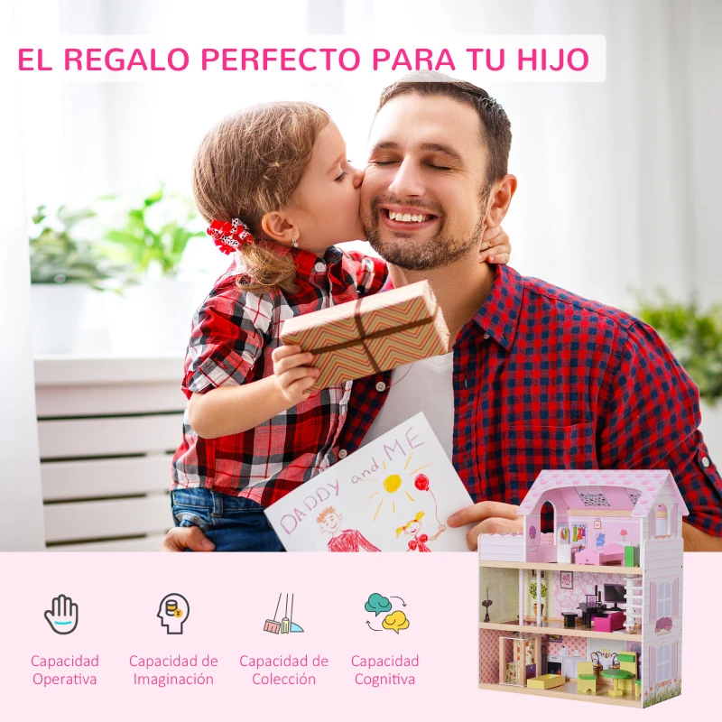 HOMCOM Casa de Muñecas con 13pcs 60x30x71,5 cm Muebles Mobiliario Casita Muñeca Juguete Madera 3 Pisos Casa de Juguete Bella de Madera Rosa