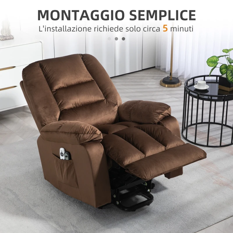 HOMCOM Poltrona Relax Alzapersona Reclinabile, Massaggiante e Riscaldata in Velluto, Marrone