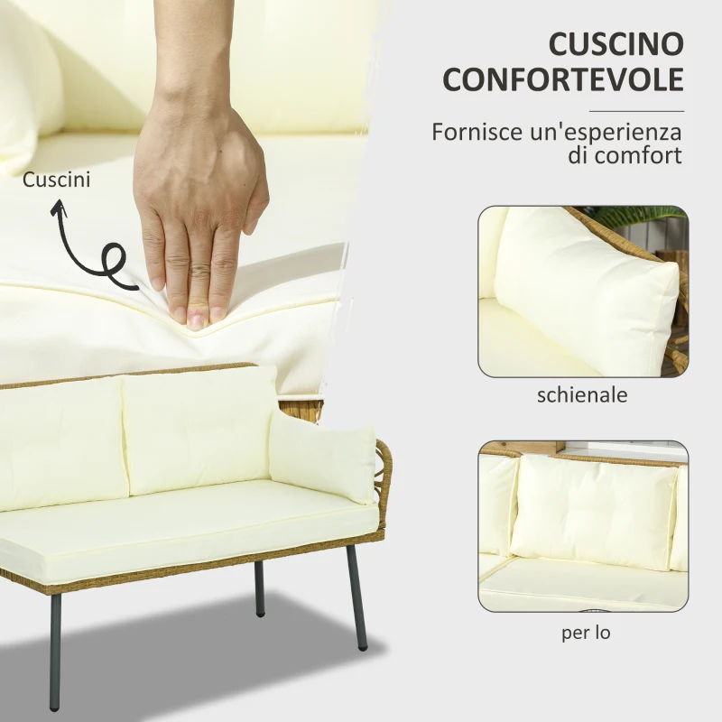 Outsunny Salotto da Giardino in Rattan PE con Chaise Longue, Divano 2 Posti e Tavolino, Crema