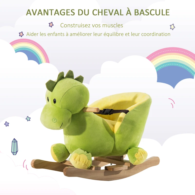 HOMCOM Jouet à Bascule Dinosaure Ceinture de sécurité Effet sonore 32 chansons pour enfants de 18+ Mois Bois Peluche Verte
