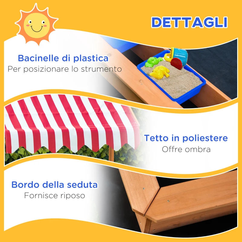 Outsunny Sabbiera per Bambini in Legno con Tettuccio Regolabile, Sedute e Vaschette, 107.5x107.5x100 cm